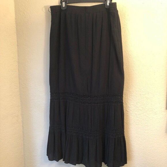 Faded Glory Maxi Skirt Womens XL Black Tiered Crochet Detail Moody Boho Gypsy - Picture 1 of 10